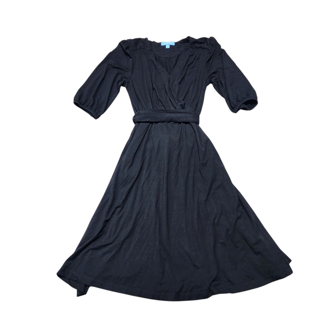 Draper James RSVP Dress Women XS Black Wrap Midi Pockets Rayon Spandex Stretch